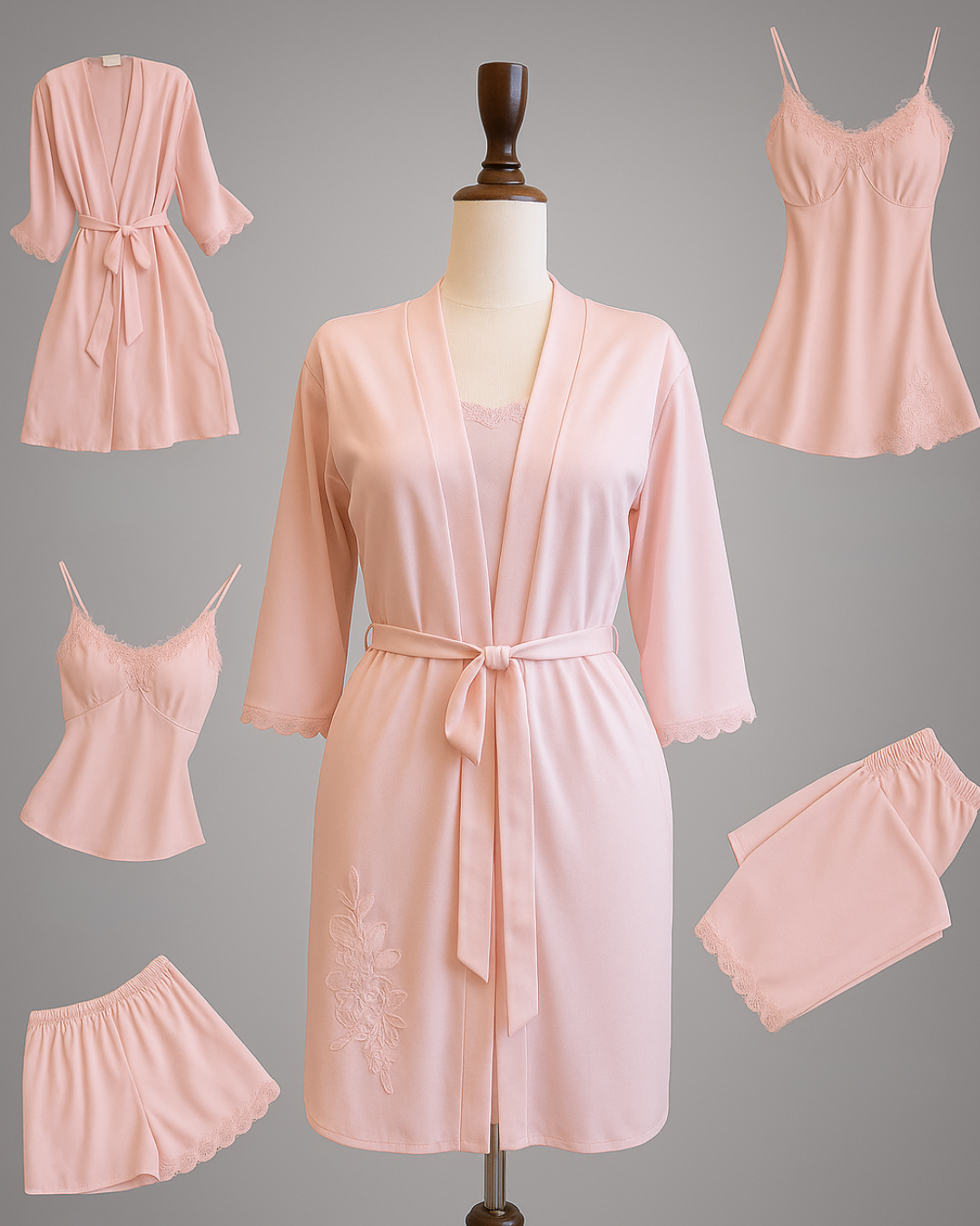 Luxury 5-Piece Pink Satin Nighty Set with Robe & Shorts