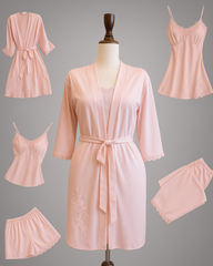 Luxury 5-Piece Pink Satin Nighty Set with Robe & Shorts