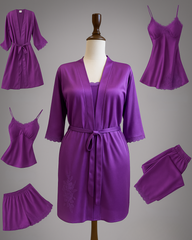 5 Pcs Satin Nighty Set – Elegant Purple Sleepwear Collection