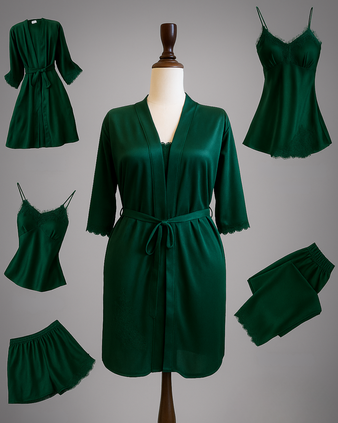 Luxurious 5-Piece Green Nighty Set with Robe & Lingerie