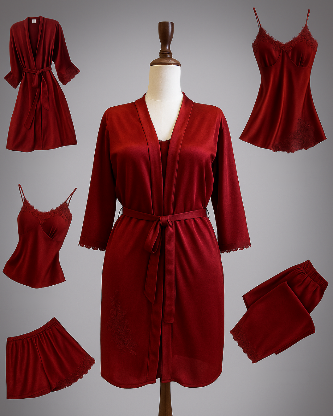 Luxurious 5-Piece Red Nighty Set with Robe & Lingerie