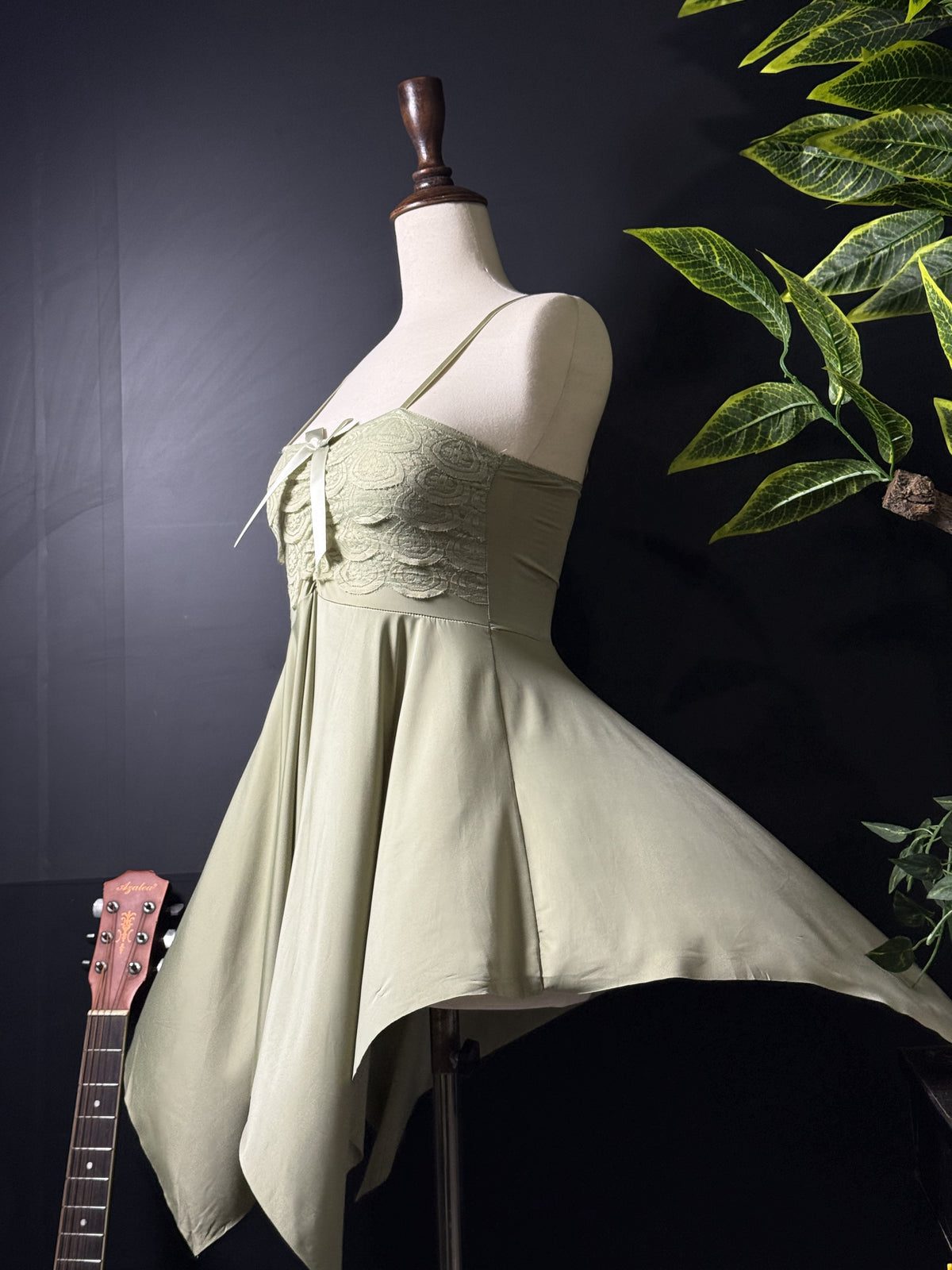 2-Piece Pistachio Lace Lingerie Set with Flowy Skirt