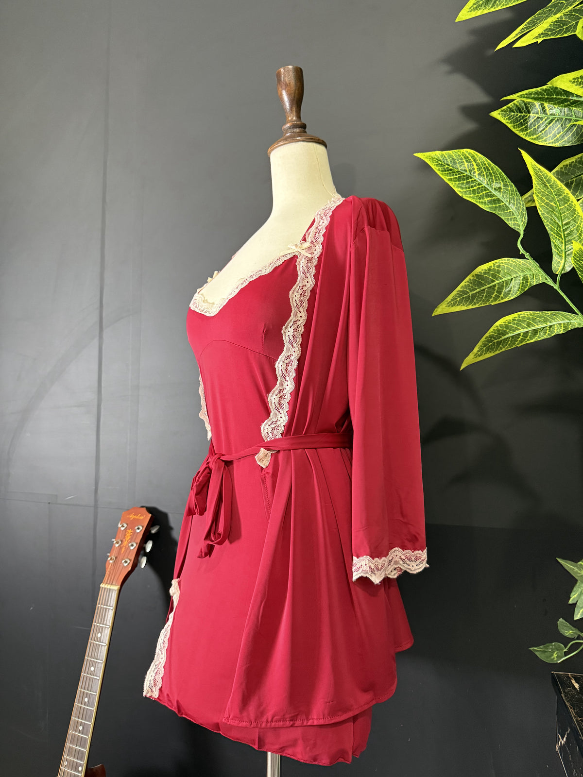 4 Pieces Crimson Lace Lingerie Set - Padded Inner, Robe & Briefs