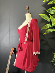 4 Pieces Crimson Lace Lingerie Set - Padded Inner, Robe & Briefs