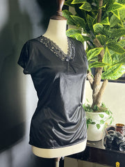 Premium 4-Piece Silk Satin Loungewear Bundle with Floral Lace Trim - Black