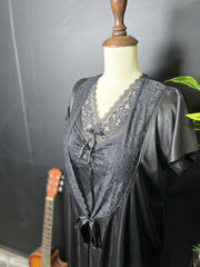 Premium 4-Piece Silk Satin Loungewear Bundle with Floral Lace Trim - Black