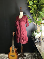 Luxury Maroon 5-Piece Silk Pajama Set with Floral Lace