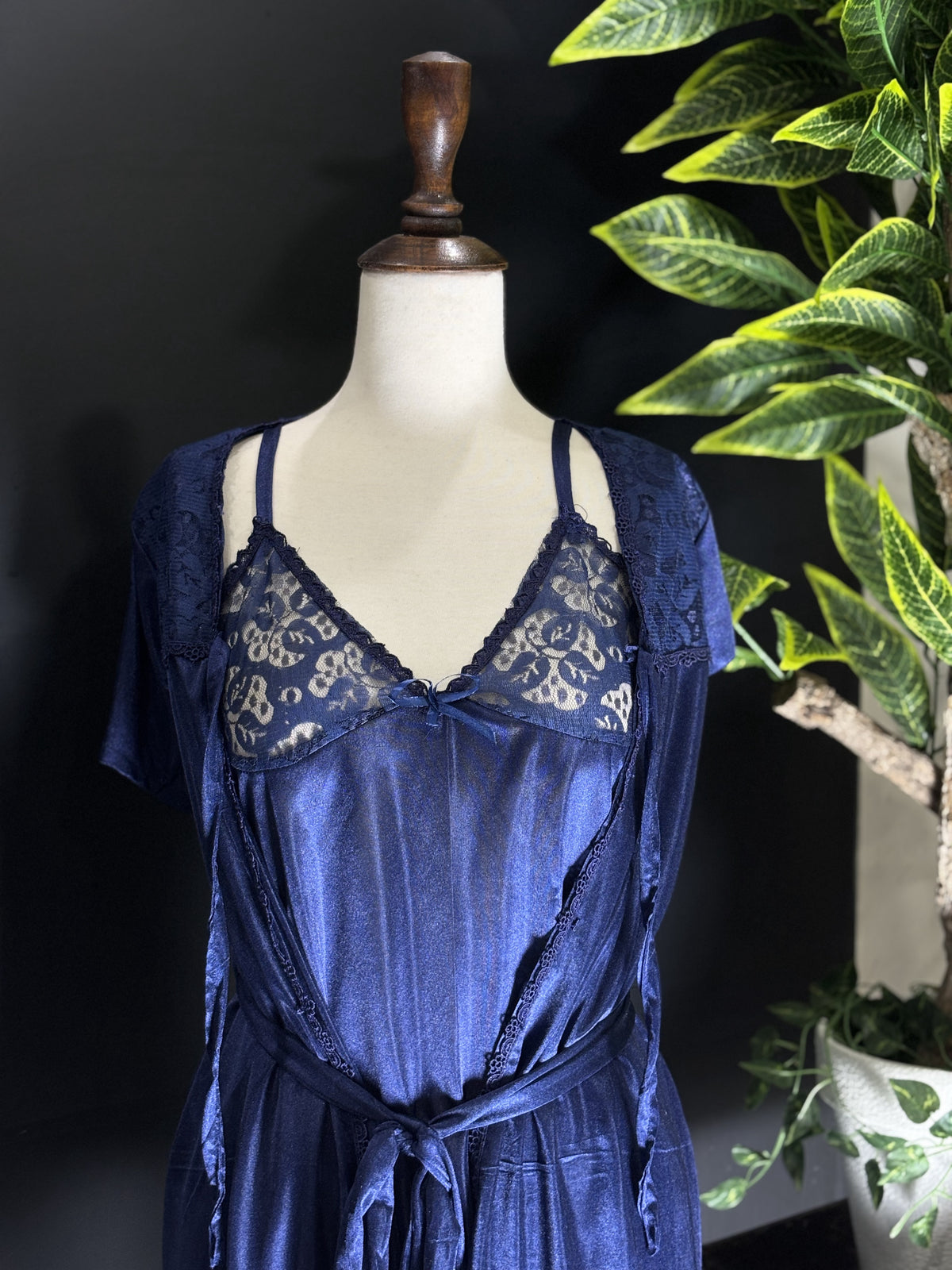 Royal Blue Satin & Lace 3-Piece Sleepwear Set – Short Chemise Nightgown & Matching Robe