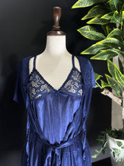 Royal Blue Satin & Lace 3-Piece Sleepwear Set – Short Chemise Nightgown & Matching Robe