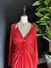 Red Satin & Lace 3-Piece Sleepwear Set – Long Nightgown with Matching Robe