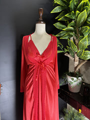 Red Satin & Lace 3-Piece Sleepwear Set – Long Nightgown with Matching Robe