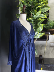 Royal Blue Satin & Lace 3-Piece Sleepwear Set – Long Nightgown with Matching Robe