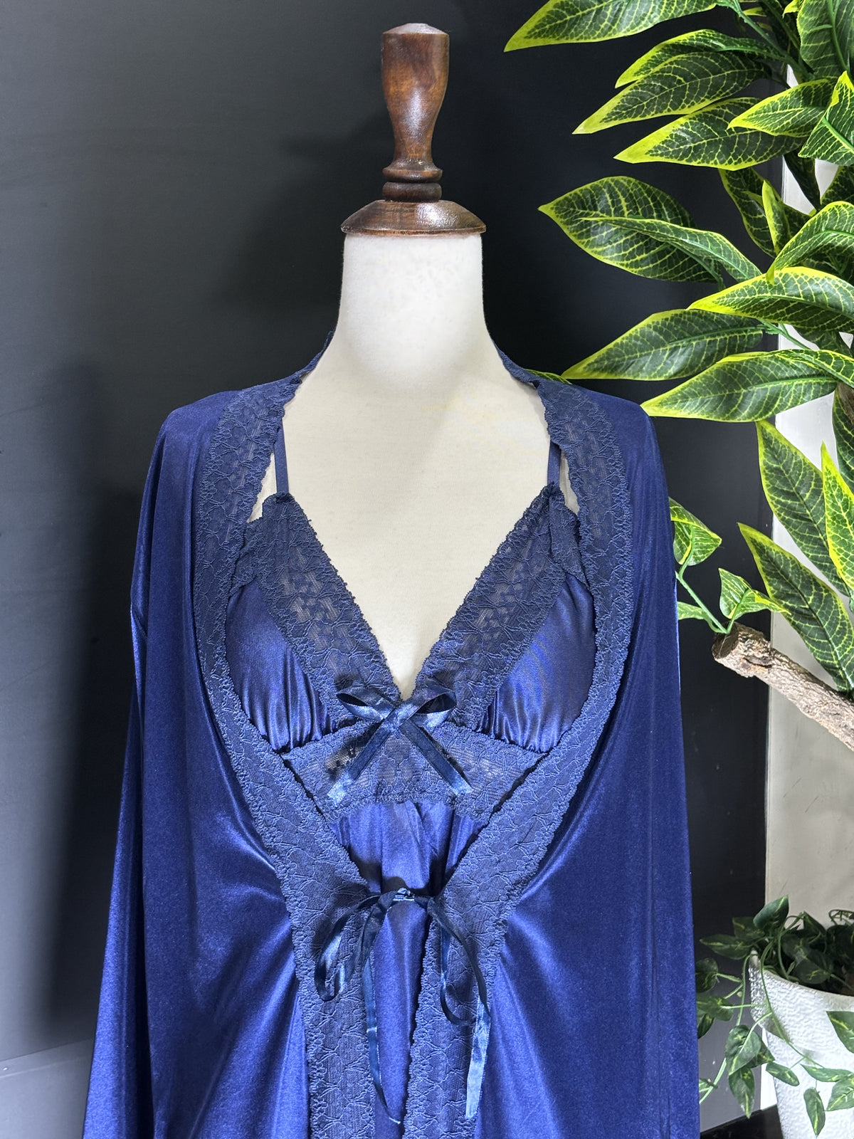Royal Blue Satin & Lace 3-Piece Sleepwear Set – Long Nightgown with Matching Robe