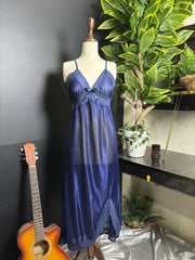 Royal Blue Satin & Lace 3-Piece Sleepwear Set – Long Nightgown with Matching Robe