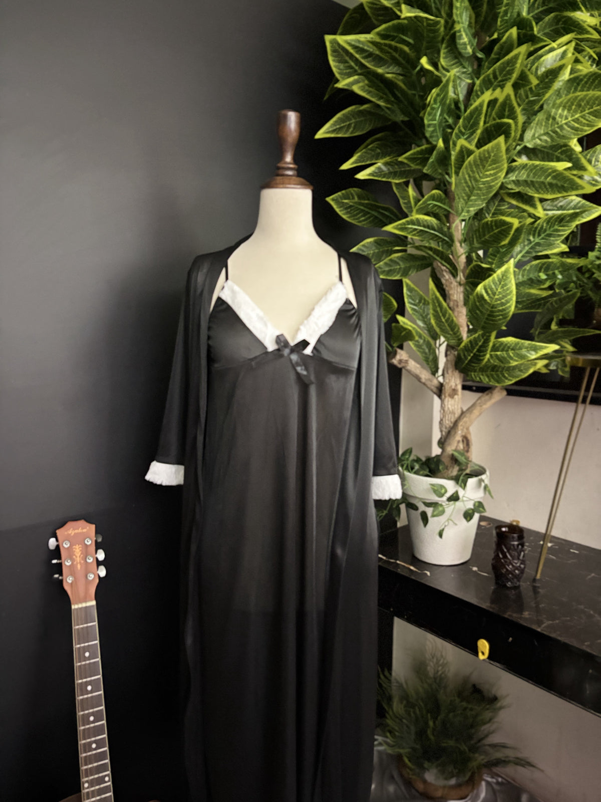 Classic Black Satin & Lace Maxi Robe Set | 3-Piece Long Nightgown