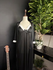 Classic Black Satin & Lace Maxi Robe Set | 3-Piece Long Nightgown