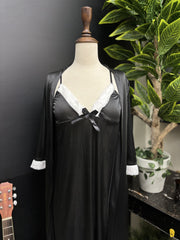 Classic Black Satin & Lace Maxi Robe Set | 3-Piece Long Nightgown
