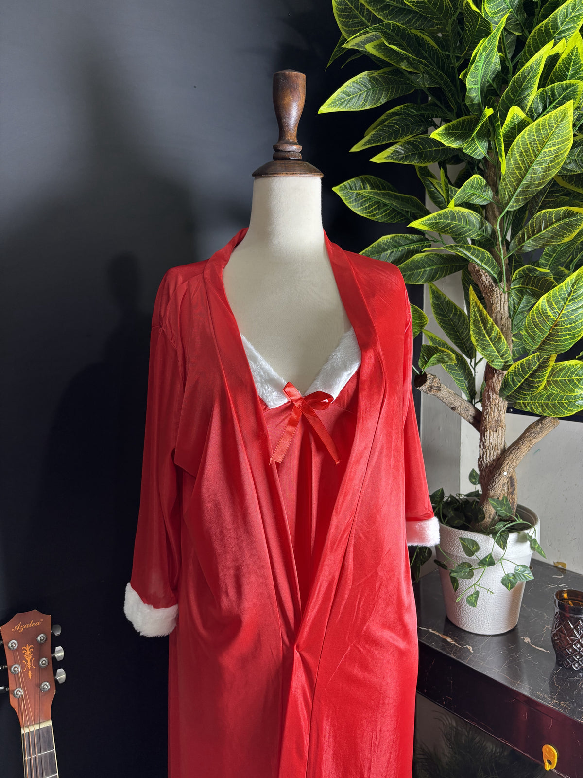 Red Satin & Faux Fur 3-Piece Sleepwear Set