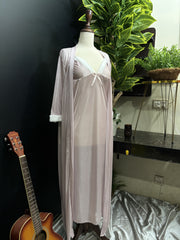 Luxury 3-Piece Pink Lingerie Set – Maxi Chemise & Robe with Plush Cuffs