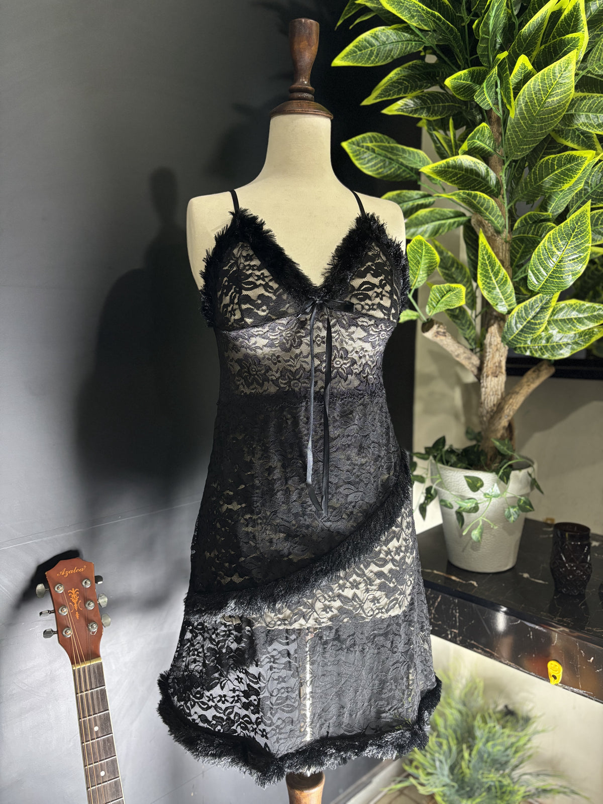 Midnight Bloom Lace & Fur Babydoll Set | 2-Piece Lingerie